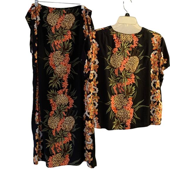 Vintage Hilo Hattie The Hawaiian Original Sz Large Top & Wrap Skirt Set Black - Picture 2 of 13